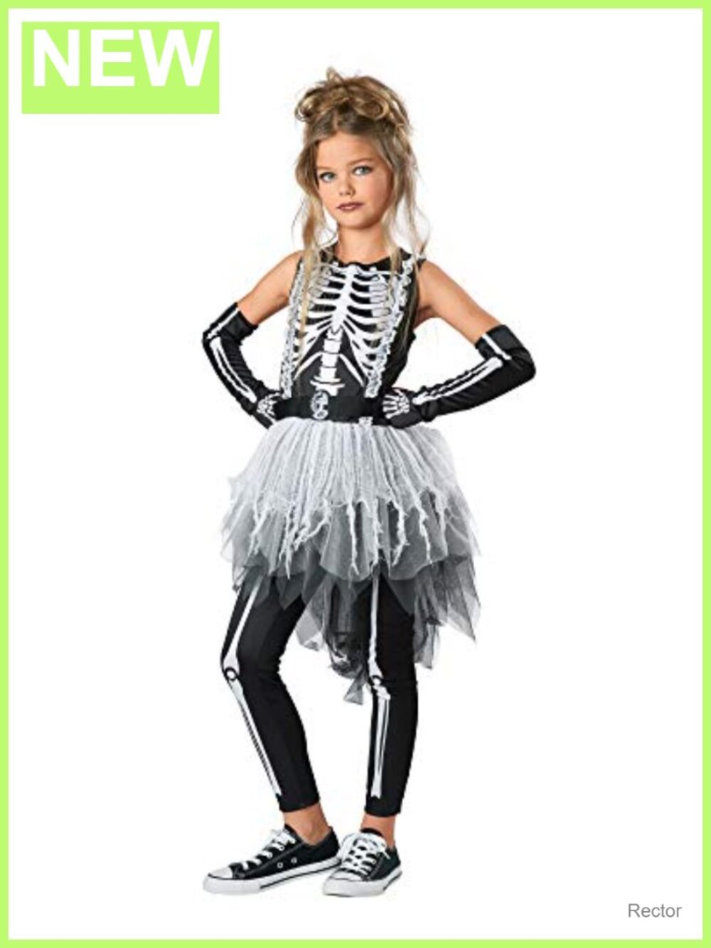 Girls Ghostly Skeleton Halloween Costume Dress Gloves Leggings Set